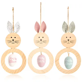 com-four® 3X Dekoaufhänger Ostern - Osterschmuck aus Holz zum Aufhängen - Holzaufhänger Hase mit Osterei - Osterdeko (weiß + pink + blau)