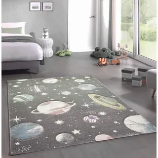 CARPETIA Kinderteppich Weltraum Sterne und Planeten Pastell grau Größe 200 x 290 cm