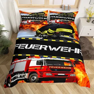Homewish Feuerwehrmann Bettwäsche 135x200 Kinder, Feuerwehr Auto Fahrzeug Bettbezug Set für Jungen Mädchen Jugendliche, Feuerwehr Muster Schlafzimmer Dekor Betten Set Mikrofaser Mit 1 Kissenbezug