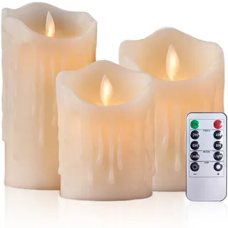 AiiBowy Led Kerzen [3er Set] Flammenlose Kerze Echtwachs Flackernde Dimmbar mit Fernbedienung Weihnachtskerzen LED Flammen 4"/5"/6” Tischdeko, Wohnzimmer, Weihnachten, Hochzeit,(Nicht-gerade weiss)