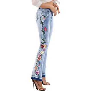 Chartou, Damen-Jeans im schicken Stil mit floraler Stickerei, hohe Taille, Schlaghose aus langem Denim mit weitem Bein
