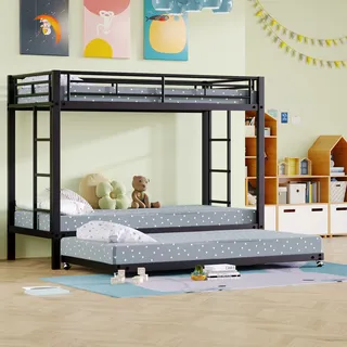 Merax Etagenbett 90x200cm mit Ausziehbett und Leiter, Hochbett mit Rausfallschutz, Metallbett mit Lattenrost, Kinderbett Jugendbett Gästebett, Schwarz - Schwarz