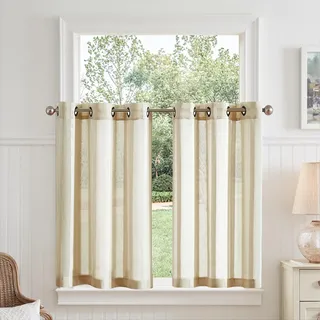 TOPICK Voile Scheibengardinen mit Ösen Transparent Bistrogardine Landhaus Streifen Küchenvorhang Gestreift Küchengardinen Paarig für Badezimmer Klein Fenster Dekor 90x90cm(BxH) Beige 2er Set