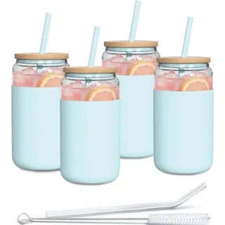 Aquafloow Trinkglas mit Strohhalm und Deckel 500ml | Gläser mit Silikonhülle | Trinkgläser set inclus 2x Strohhalme und 1x Reinigungsstab | für Tee, Smoothie Kaffee-4 Stück- Hellblau