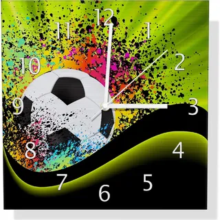 Wallario Design Wanduhr Fußball - Design Wellen und Regenbogen in grün aus Aluverbund, Größe 30 x 30 cm - Schwarz