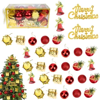 32 Stücke Weihnachtsbaumschmuck Rot Gold, Weihnachtsbaumschmuck Kugeln Kit, Weihnachtskugeln Ornamente, Kunststoff Mini Weihnachtskugeln, Christbaumschmuck Geeignet für Weihnachtsveranstaltungen