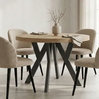 Runder Ausziehbarer Tisch für Esszimmer, PERO, Loft-Stil, Skandinavische, Durchmesser: 90 / 190 cm, Farbe: Eiche Sonoma / Schwarz - Beige