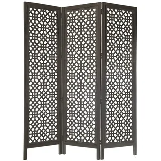 DRW Paravent mit 3 Durchbrochenen Paneelen aus Mangoholz und Dm in Grau, 150 x 180 x 2,2 cm, Holz: Griff und MDF, 150x180x2,2cm