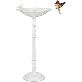 Relaxdays Vogeltränke Gusseisen, Vogelbad mit Ständer, Wildvogeltränke für Garten, antikes Design, 74,5 cm hoch, weiß