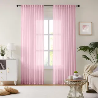 Melodieux Kräuselband Gardinen - H 245 x B 137 cm Tüll Gardine Pink, Voile Gardine für Schienensystem, 245×137cm (H×B) 2er Set