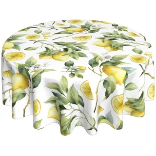 Sweetshow Zitronen-Tischdecke, rund, 152,4 cm, Frühling, Sommer, Retro, Aquarell, Zitronengelb, Weiß, Blumendruck, dekorative Tischdecke für Zuhause, Küche, Esszimmer