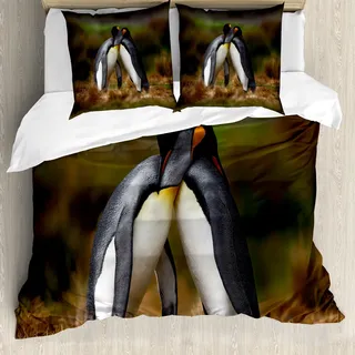 ABAKUHAUS Tier Bettbezug, Pinguin-Paare Cuddling, Milbensicher Allergiker geeignet mit Kissenbezügen, 155 cm x 220 cm - 80 x 80 cm, Mehrfarbig