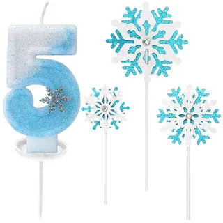 Glitzernde Zahlenkerze 5 mit Schneeflocken-Deko –Geburtstagskerze für Mädchen, Kerze 5 Geburtstag Kinder, Kerzen für Kuchen, Blau-weißer 3D-Glitzer & Tropfschutz