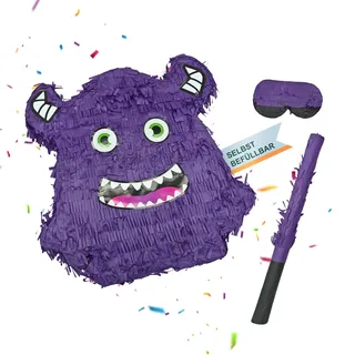 Relaxdays Pinata Monster mit Stab und Maske 40 cm x 35 cm x 9 cm Lila