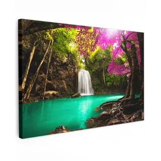 MuchoWow Leinwandbild Wasserfall mit bunten Blumen und Bäumen - Natur - Dschungel Wanddeko 90x60 cm , Textil , Rechteckig , 90x60 cm , FSC 100% , gerahmt , Bilder & Rahmen, Bilder, Leinwandbilder