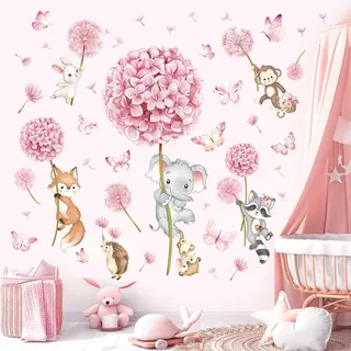 decalmile Wandsticker Tiere Pusteblume Wandtattoo Blumen Rosa Löwenzahn Elefant Fuchs Wandaufkleber Kinderzimmer Babyzimmer Mädchenzimmer Wanddeko