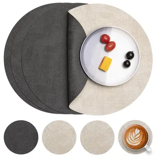 Myir JUN Tischsets Abwaschbar Leder und Untersetzer, Doppelseitigen Platzset Rund Ø 36cm 4er Set rutschfest Glasuntersetzer Platzdeckchen Leder Kunstleder Tischset (Grau Cremeweiß, 4er Set)