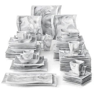 MALACASA Flora Kombiservice eckig in Marmorgrau 56-tlg Porzellan Teller Set | mit 12 Essteller, 12 Kuchenteller, 12 Suppenteller, 6 Kaffeetassen, 6 Untertassen, 6 Schüssel & 2 Servierplatten, Grau