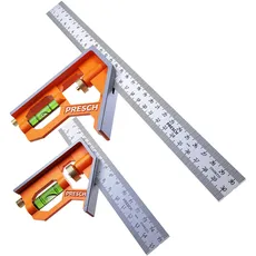 Presch Kombinationswinkel Set 150mm & 300mm - metrisch - Zwei Präzise Universal Kombiwinkel mit Linealanschlag - Anschlagwinkel Set - Edelstahl, Combination Square - Hochwertiges Profi Messwerkzeug