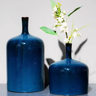 Cynkeyee Keramikvasen, Blaue Blumenvasen, Set mit 2 modernen reaktiven Glasuren, Blaue Vasen für Tafelaufsätze, einzigartige Vase mit langem Hals für Kamin, Schlafzimmer, Küche