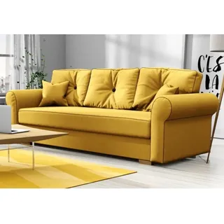 Schlafsofa TOP, Sofa mit Schlaffunktion und Bettkasten, Klappsofa, Schlafcouch mit braunen Knöpfen, Couch in Frabe: Gelb, Material: Strukturstoff - Gelb