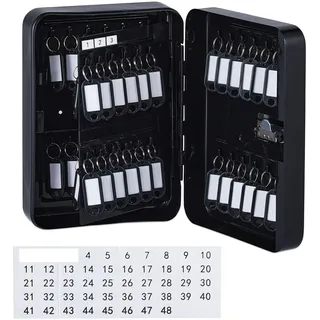 Relaxdays Schlüsselkasten, Zahlenschloss, 48 Haken, mit Schlüsselanhängern, HBT: 25 x 18 x 7,5 cm, Schlüsselbox, schwarz