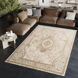 TAPISO Ares Teppich Kurzflor Glänzend Braun Creme Blumen 200 x 300 cm | Bordüre Barock Klassisch 3D Effekt Wohnzimmer Schlafzimmer OEKO-TEX