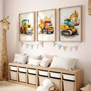 Uixxducc 3er Set Bilder Poster Kinderzimmer Baufahrzeuge Baumaschinen Bagger Bilder Set Junge Mädchen Wandbilder Deko Babyzimmer Kinderbilder Premium Ohne Rahmen
