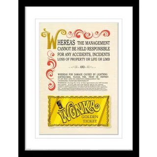 Charlie and the Chocolate Factory Gerahmter Kunstdruck in schwarzem Bilderrahmen, Collector Edition (Golden Ticket Design) Willy Wonka gerahmt, 30 x 40 cm Rahmen, offizieller Merchandise-Artikel