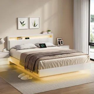 VASAGLE Bettgestell, Doppelbettgestell, 160 x 200 cm, schwebender visueller Effekt, Bett mit LED-Beleuchtung, hohem Kopfteil, Ladestation, modern, wolkenweiß RMB865W01