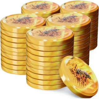 KADAX Schraubdeckel fi82 mm, Twist-Off-Deckel Set aus Metall, Ersatzdeckel für Einmachgläser, Deckel mit 6 Einrastzähnen für Sturzgläser und Einmachgläser (Biene, 50 Stück)