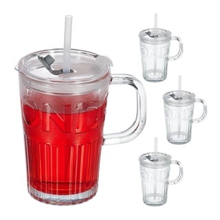 Relaxdays Trinkgläser 4er Set, Getränkebecher mit Deckel & Strohhalm, Saftglas 450 ml, Glasbecher Henkel, transparent