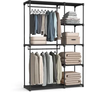 SONGMICS Kleiderschrank offen, Kleiderständer, Kleiderstange, Garderobe, 2 Hängefächer, viel Platz, für Schlafzimmer, Wohnzimmer, 124 x 43 x 182 cm, schwarz RYG026B02