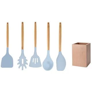 Fackelmann 30178 Küchenhelfer-Set, 5-teilig, Löffel und Pfannenwender und Ständer aus Holz, Silikon, FSC-Holz, 32 cm