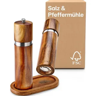 Praknu Salz und Pfeffermühle aus Akazienholz mit Untersetzer - Nachhaltiges FSC® Holz - Langlebiges Keramikmahlwerk - Plastikfrei