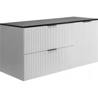 Rodan | Badezimmerschränke 120cm | Weiß Matt - Holz | B/H/T 120/57/46 cm | Geriffelte Türen - Schwarze Platte - Badmöbel - Badschrank - Weiß