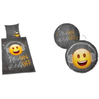 Herding EMOT!X-Set mit Dekokissen aus Polyester (Ø 40 cm) und Bettwäsche-Set aus Baumwolle/Renforcé (Bettdeckenbezug 155 x 220 cm, Kissenbezug 80 x 80 cm), Mehrfarbig