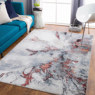 Surya New York Wohnzimmer Teppich modern – Abstrakt Design in Marmor Optik für Wohnzimmer 200x275 cm, Esszimmer, Schlafzimmer - Marmor Teppich groß, weicher Teppich Kurzflor in Weinrot und Grau