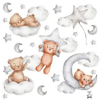 Muralo Wandsticker SET Teddybären Wolken Sterne Monde 60x30 , Braun, Weiß, Beige, Grau , Papier , Tiere, Märchen/ Fantasie , Rechteckig , 60x30x1 cm , Tapeten & Wandverkleidungen, Wandtattoos & Sticker, Wandtattoos