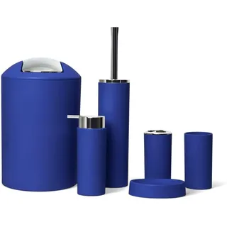 6tlg Badset Badezimmer Zubehör Set Organizer: Seifenspender, Zahnputzbecher, Kosmetikeimer, WC Bürste und Halter, Seifenschale, Mülleimer, Zahnbürstenhalter, Badgarnitur (Dunkelblau Design 2a)