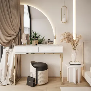 Schminktisch QUINNIE mit LED Spiegel, Goldchrom / Weiß Hochglanz, Push-to-open System , Version - Rechte - Weiß