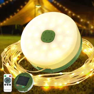 Camping Lichterkette Aufrollbar Solar, 10M 3000mAh Wasserdicht USB Wiederaufladbare LED Lichterkettemit 8 Beleuchtungsmodi, Tragbare Vielseitige Campinglampe Lichterkette Außen für Camping Hof Garten