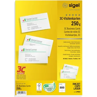 Sigel LP802 bedruckbare Visitenkarten 3C, 800 Stück (80 Blatt), hochweiß, glatter Schnitt rundum, 250 g, 85x55 mm