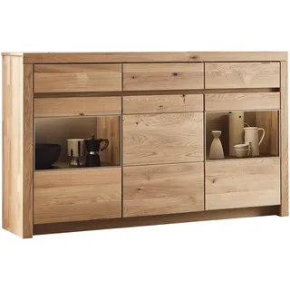 Valdera Sideboard , Wildeiche , Holz, Glas , Wildeiche , massiv , 3 Fächer , 3 Schublade(n) Schubladen , 190.1x110.5x42.1 cm , Goldenes M, Made in Germany, EN 71 , Typenauswahl, Beimöbel erhältlich, in verschiedenen Holzarten erhältlich , Holzmöbel, Wohnwände Holz, Wohnwand Serien Holz