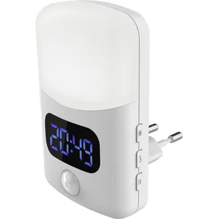 LED Nachtlicht mit integrierter Uhr und Licht-Wecker mit Bewegungsmelder und Dämmerungssensor - Weiß