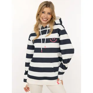 Hoodie ZWILLINGSHERZ "Streifen Smile Everyday", Damen, Gr. L/XL, schwarz-weiß (marine), Sweatware, Obermaterial: 50% Baumwolle, 50% Polyester, Sweatshirts Hoodie, Blockstreifen, pinke Stickerei, Kängurutasche, Kapuze