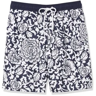 Amazon Essentials Herren Badehose, 23 cm, Mit Lockerer Passform und Schnelltrocknend - Auslauffarben, Schwarz Floral, XXL