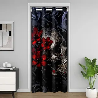 Homewish Gotischer Totenkopf Türvorhang 106x203 Kinder, 3D Digitaldruck Schädel Rose Blumen Vorhang für Mädchen Jungen Jugendliche, Mädchenzimmer Moderne Wohndekor Sichtschutzvorhang Waschbar
