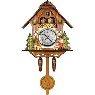 Antike Wanduhr aus Holz, Kuckuckshaus-Motiv, Hängeuhr mit automatischer Schwingung und Pendel - Braun