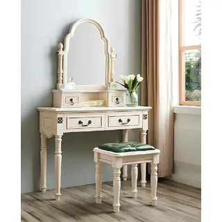 Set Schminktisch Kosmetiktisch Frisiertisch mit Spiegel und Hocker Holz 2tlg. - Beige